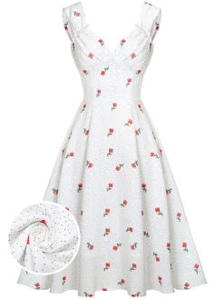 New Retro Stage Satin-faux Cherry Polka Dot Dress White