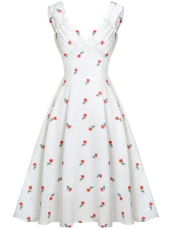 New Retro Stage Satin-faux Cherry Polka Dot Dress White