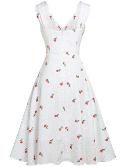 New Retro Stage Satin-faux Cherry Polka Dot Dress White