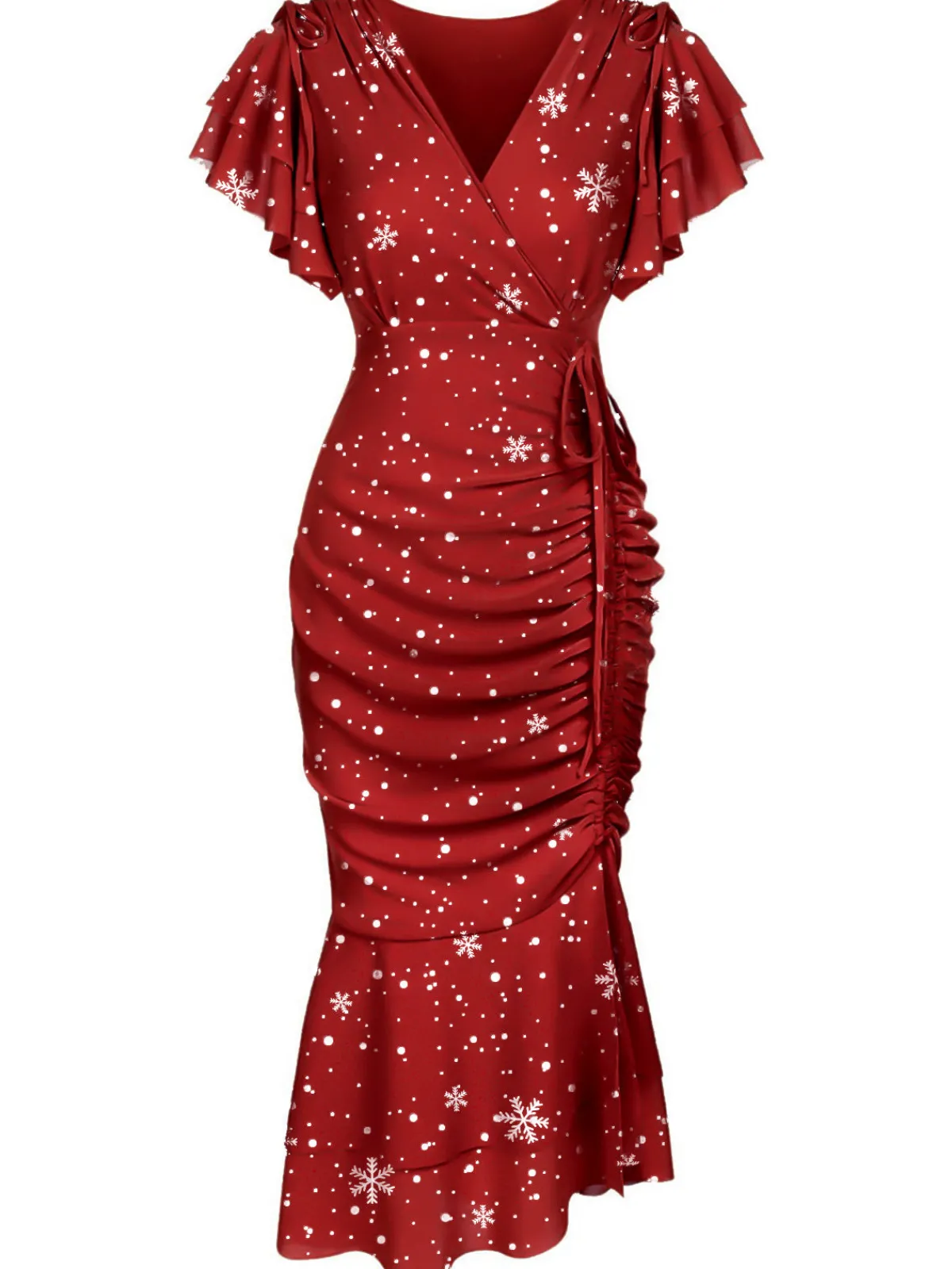 Outlet Retro Stage 1930 Christmas Snowflake Ruffles Mermaid Dress Wine Red