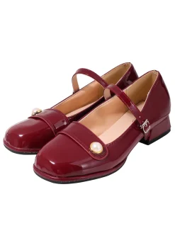 Sale Retro Stage PU Leather Pearl Mary Jane Shoes Wine Red
