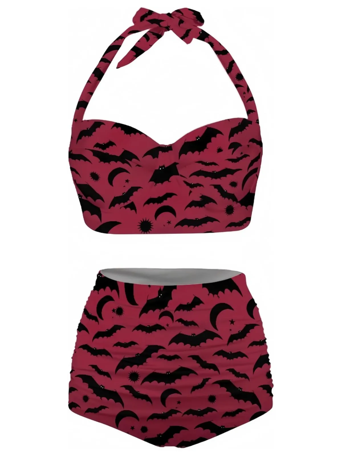 Outlet Retro Stage 1950s Bat Print Lace-Up Halter Swimsuit Wine Red