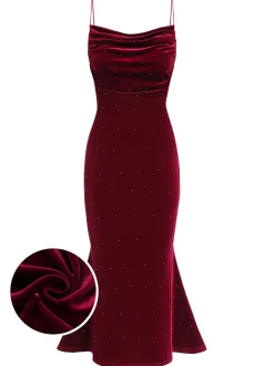 Clearance Retro Stage 1930s Beaded Velvet Sling Fishtail Dress Wine Red