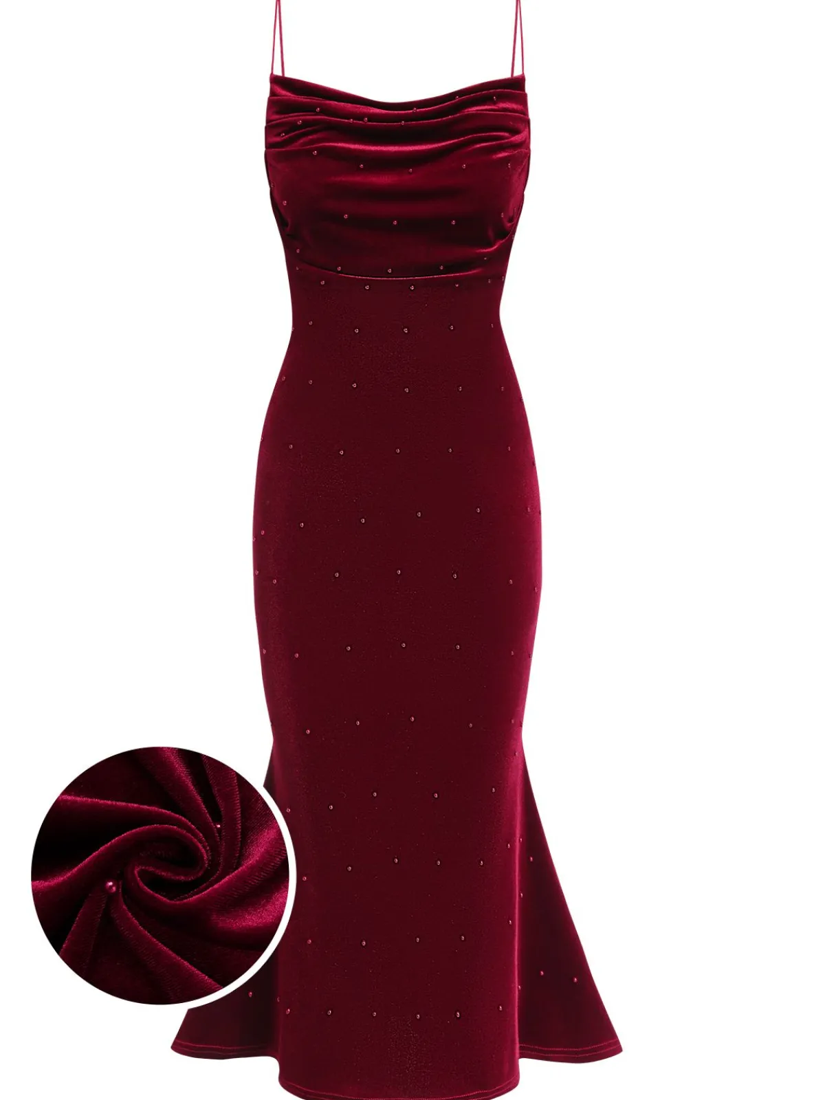 Clearance Retro Stage 1930s Beaded Velvet Sling Fishtail Dress Wine Red