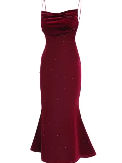 Clearance Retro Stage 1930s Beaded Velvet Sling Fishtail Dress Wine Red