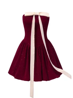 Online Retro Stage 1980s Bow Glitter Tube Top Dress Wine Red