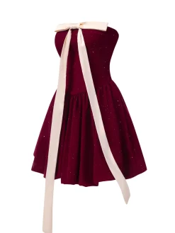 Online Retro Stage 1980s Bow Glitter Tube Top Dress Wine Red