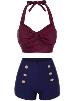 New Retro Stage Wine Red 1950s Bow Halter Bikini Set