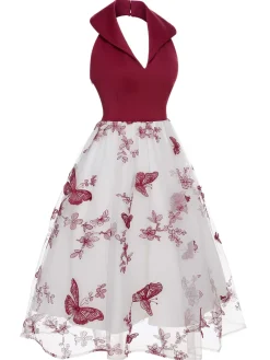 Best Retro Stage 1950s Butterfly Lapel Mesh Dress Wine Red