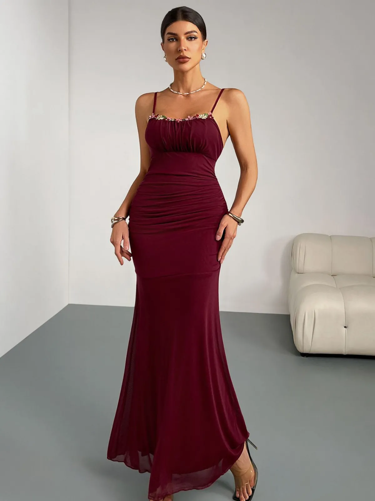Hot Retro Stage 1930s 3D Floral Ruched Fishtail Dress Wine Red