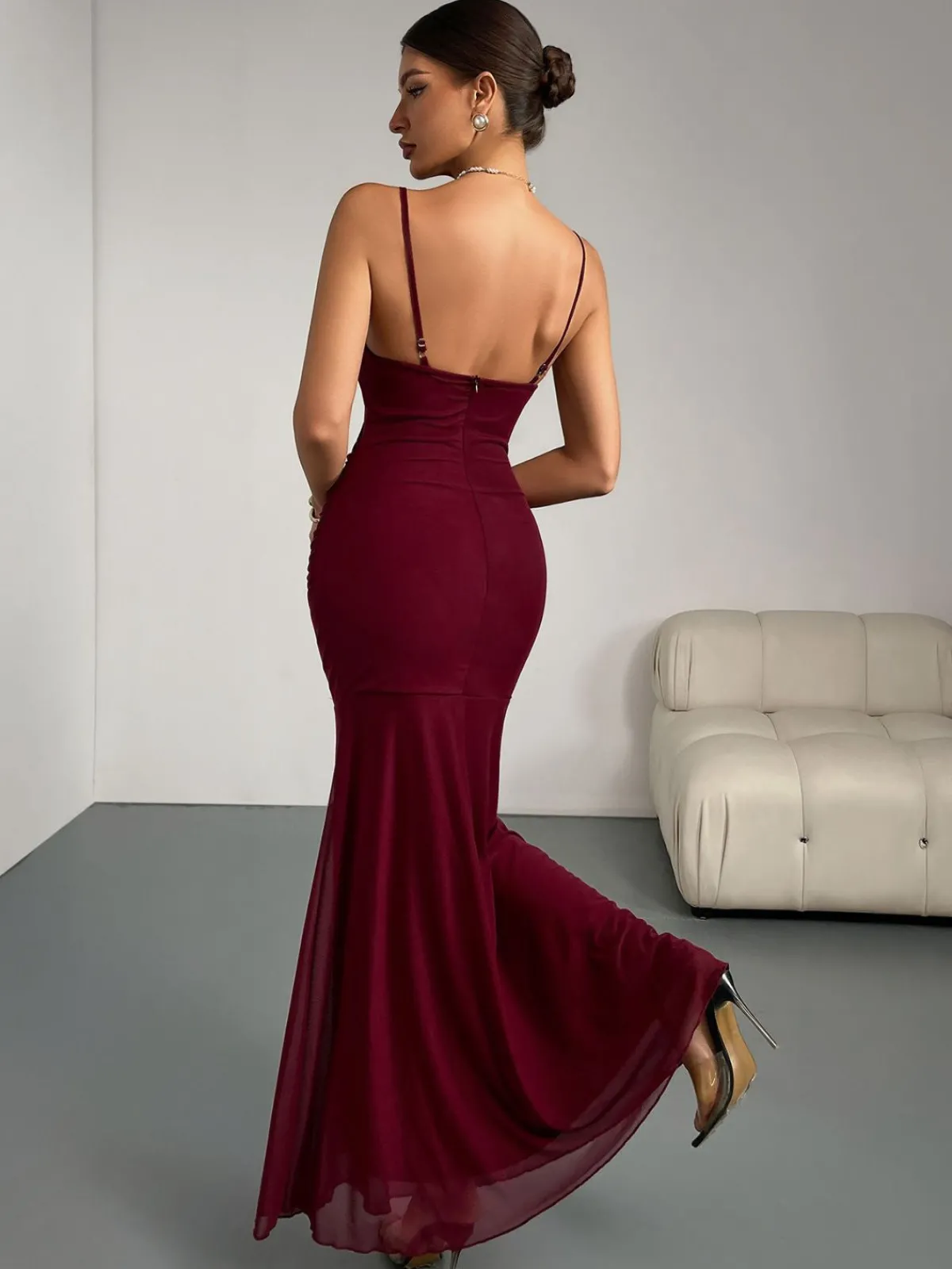 Hot Retro Stage 1930s 3D Floral Ruched Fishtail Dress Wine Red