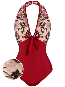 Best Retro Stage 1950s Floral Backless Swimsuit Wine Red