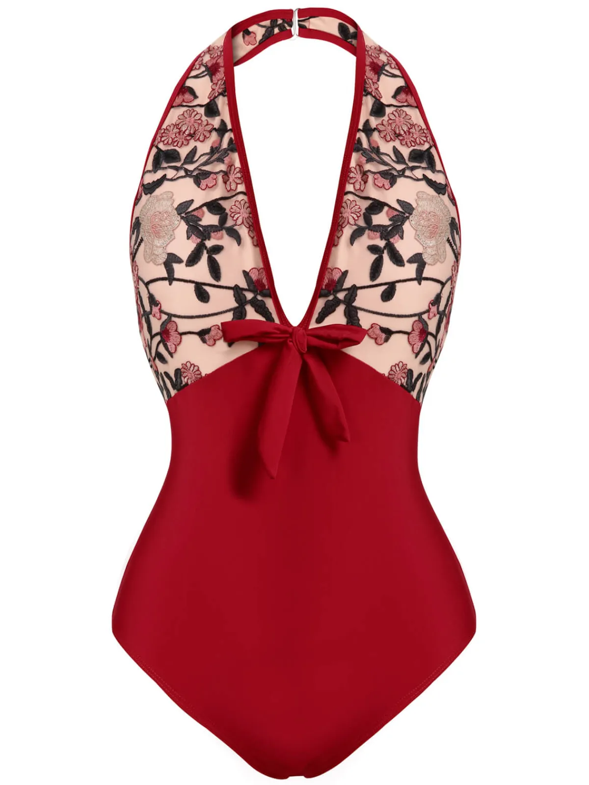 Best Retro Stage 1950s Floral Backless Swimsuit Wine Red