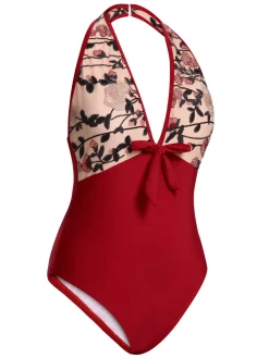 Best Retro Stage 1950s Floral Backless Swimsuit Wine Red