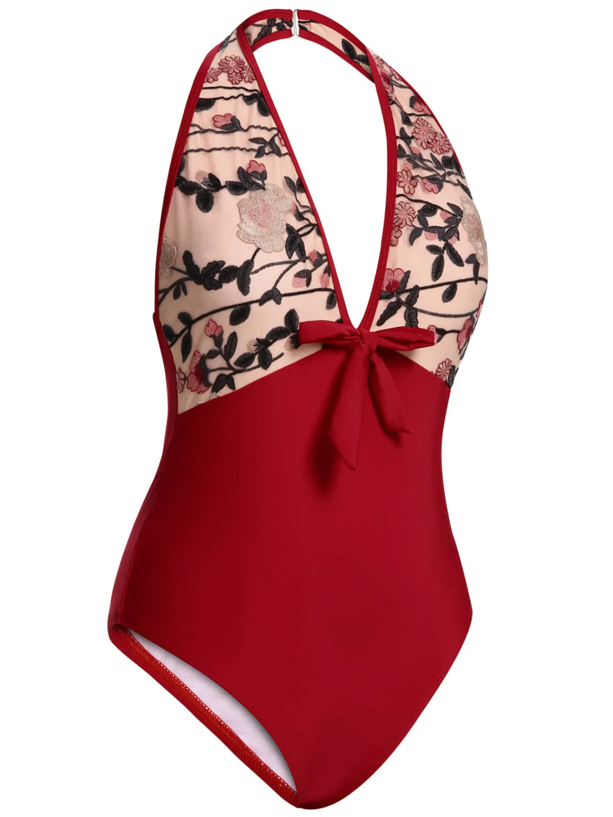 Best Retro Stage 1950s Floral Backless Swimsuit Wine Red
