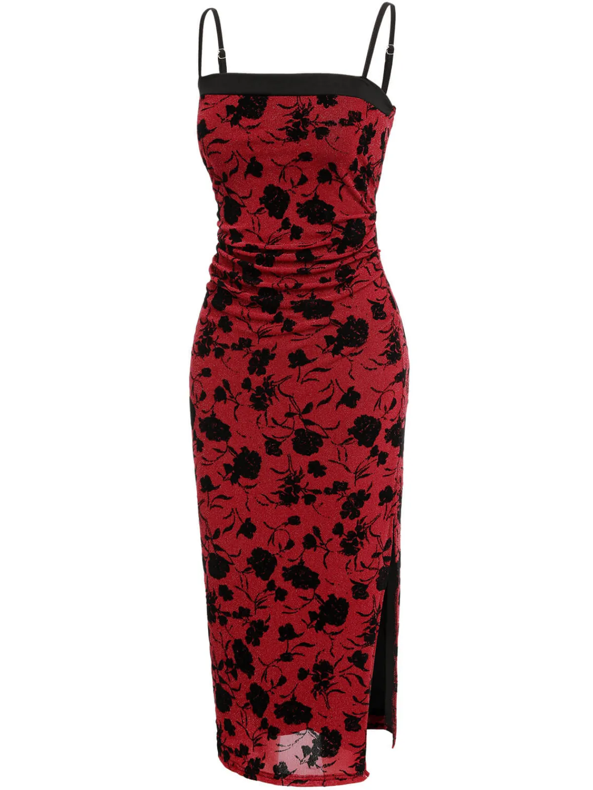 Online Retro Stage 1960s Floral Spaghetti Strap Dress Wine Red