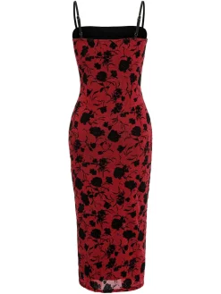 Online Retro Stage 1960s Floral Spaghetti Strap Dress Wine Red