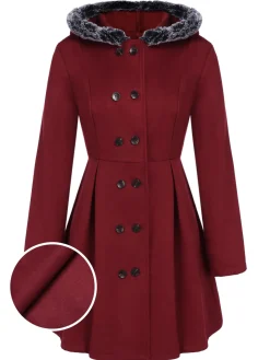 New Retro Stage 1950s Fur Collar Hooded Coat Wine Red