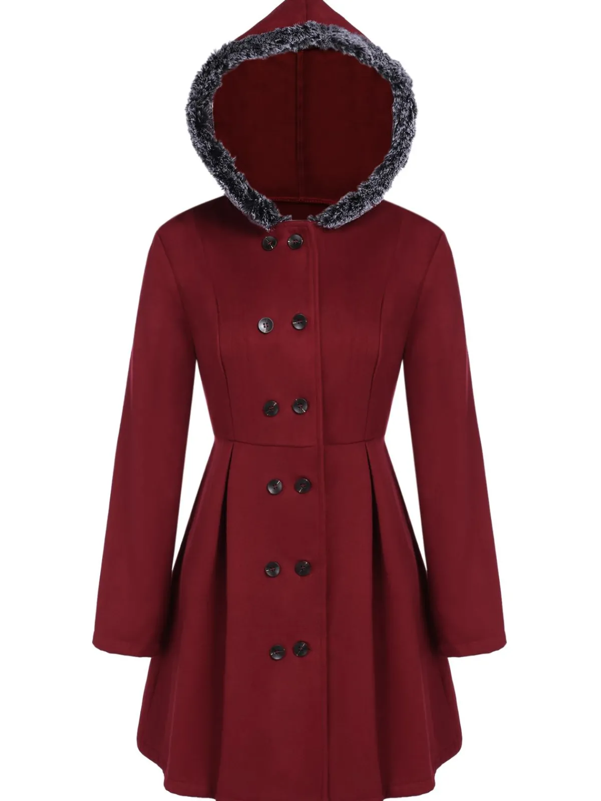 New Retro Stage 1950s Fur Collar Hooded Coat Wine Red