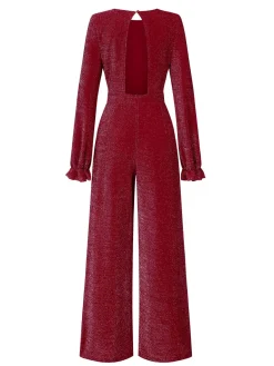 Clearance Retro Stage 1930s Glitter Backless Wide-Leg Jumpsuit Wine Red