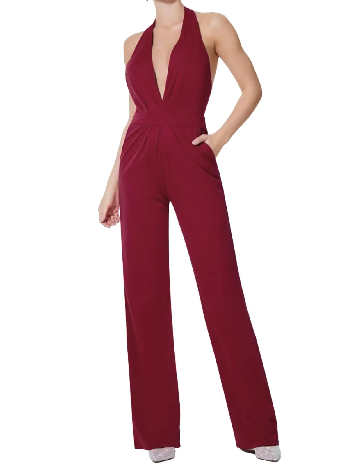 Best Retro Stage 1970s Halter Deep V-Neck Pockets Jumpsuit Wine Red