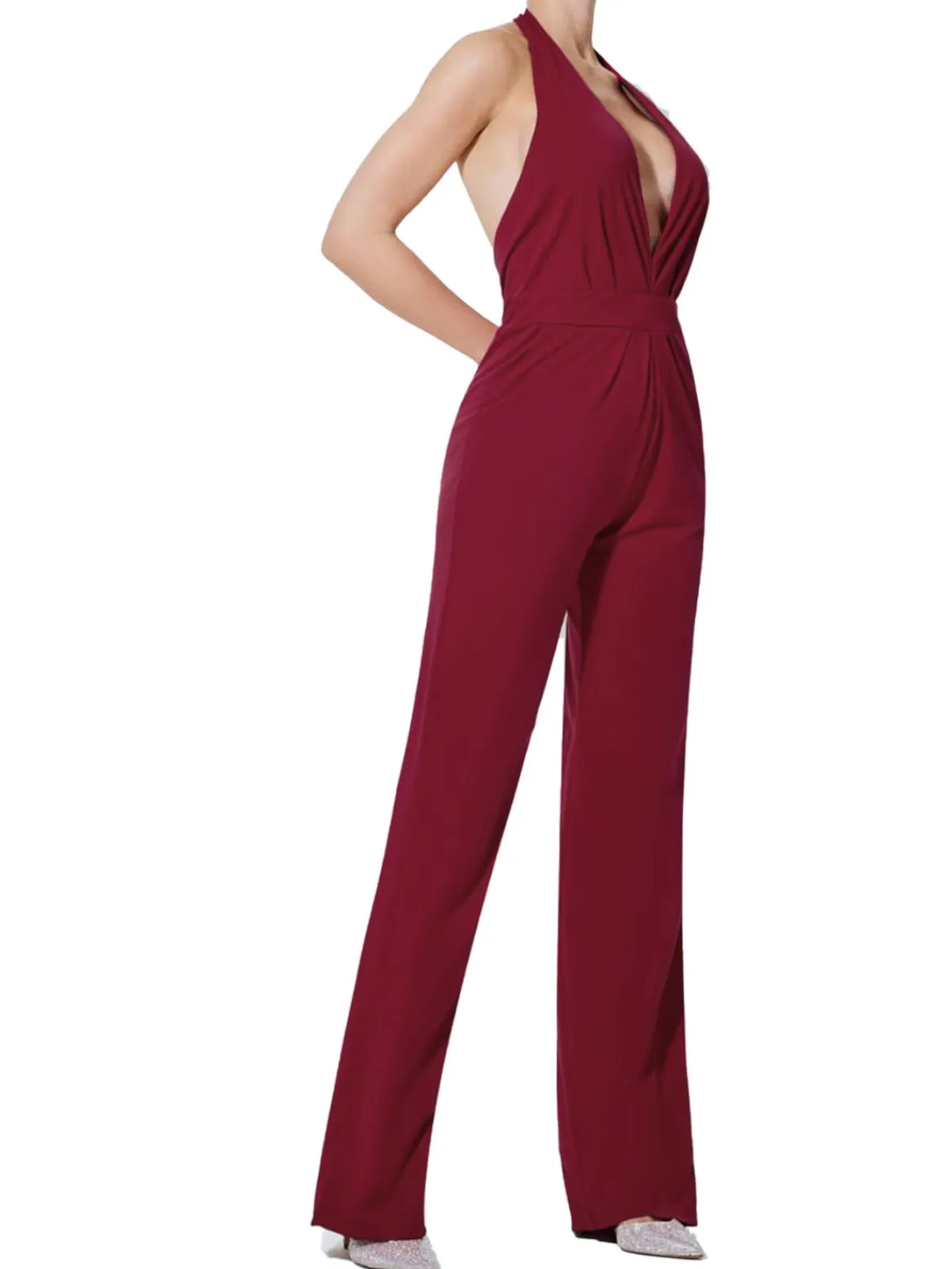 Best Retro Stage 1970s Halter Deep V-Neck Pockets Jumpsuit Wine Red