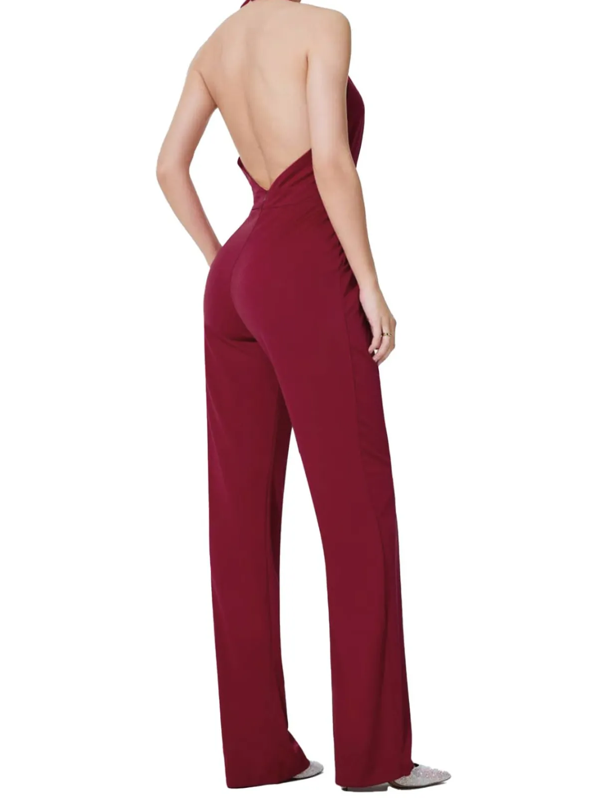 Best Retro Stage 1970s Halter Deep V-Neck Pockets Jumpsuit Wine Red
