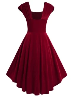 Discount Retro Stage 1950s Heart Button Solid Dress Wine Red
