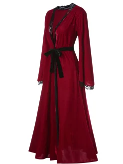 Hot Retro Stage Wine Red 1950s Lace Patchwork Night Robe