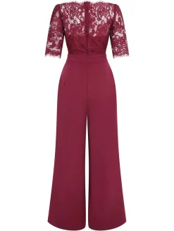 Hot Retro Stage 1930s Lace Patchwork Jumpsuit Wine Red