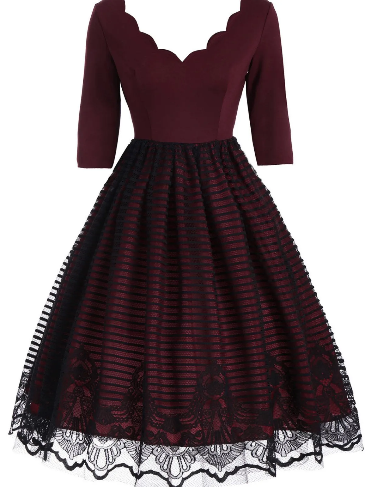 Clearance Retro Stage 1950s Lace Patchwork Dress Wine Red