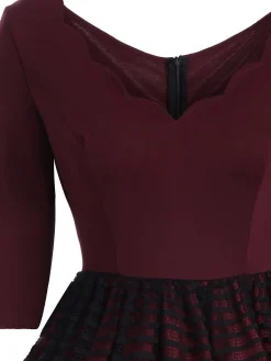 Clearance Retro Stage 1950s Lace Patchwork Dress Wine Red