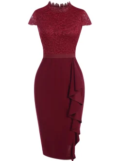 Clearance Retro Stage 1960s Lace Patchwork Pencil Dress Wine Red