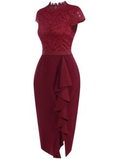 Clearance Retro Stage 1960s Lace Patchwork Pencil Dress Wine Red