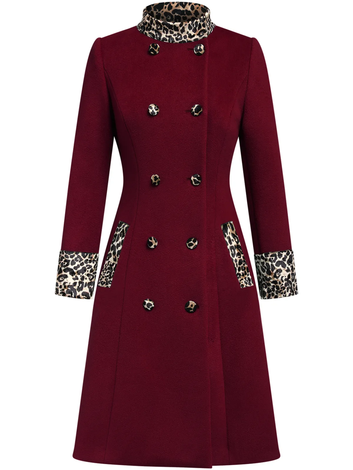 Best Retro Stage Wine Red 1940s Leopard Patchwork Button Coat