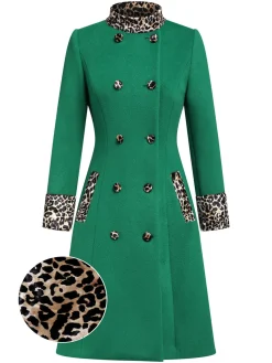 Best Retro Stage Wine Red 1940s Leopard Patchwork Button Coat