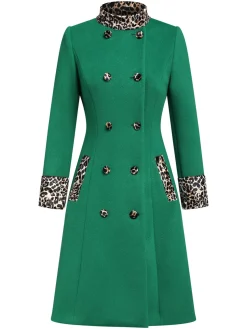 Best Retro Stage Wine Red 1940s Leopard Patchwork Button Coat