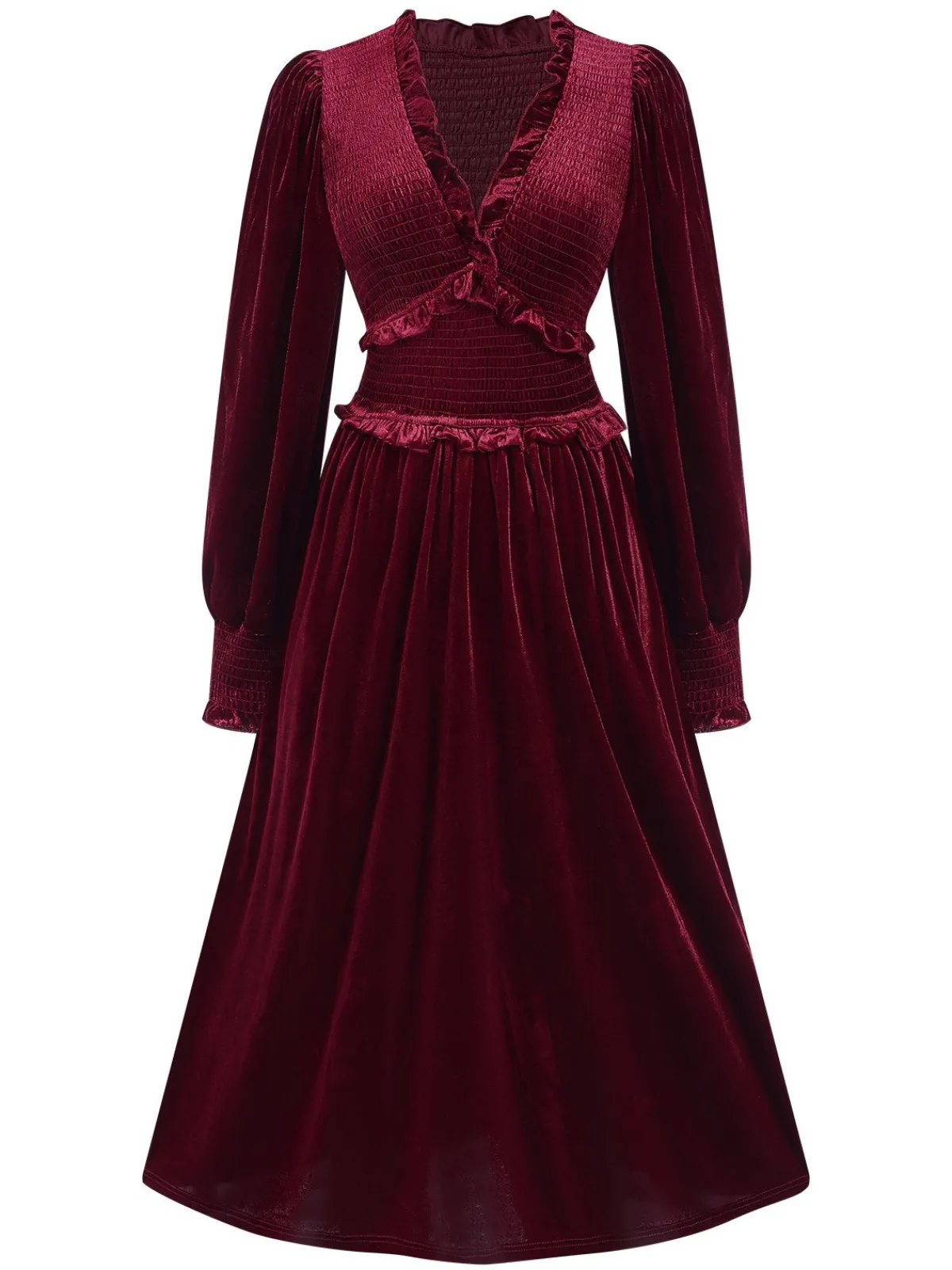 Outlet Retro Stage 1940s Long Sleeves Velvet Ruched Dress Wine Red