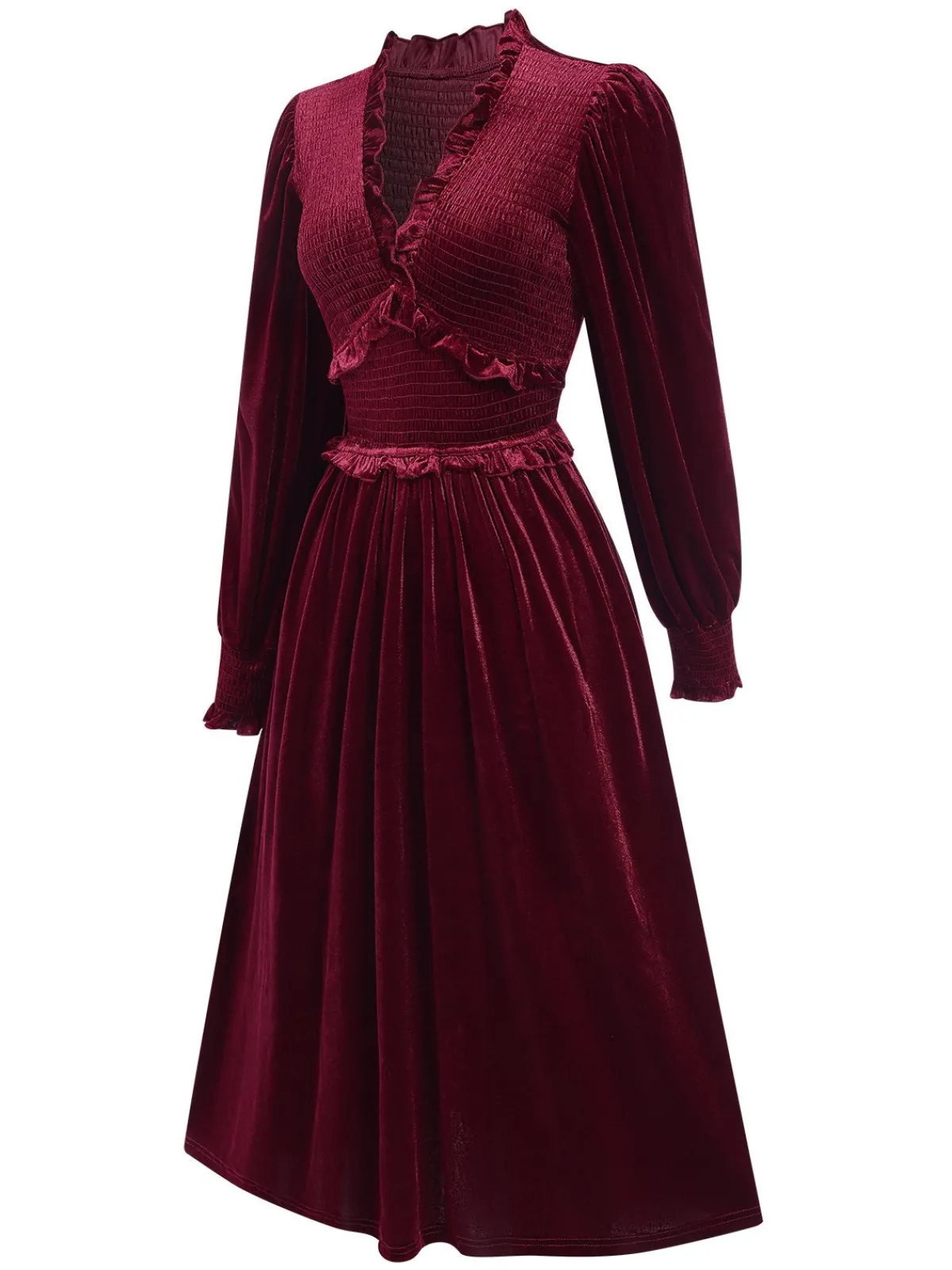 Outlet Retro Stage 1940s Long Sleeves Velvet Ruched Dress Wine Red