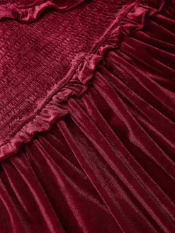Outlet Retro Stage 1940s Long Sleeves Velvet Ruched Dress Wine Red