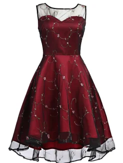 Hot Retro Stage 1950s Mesh Hi-Lo Back Lace Up Dress Wine Red