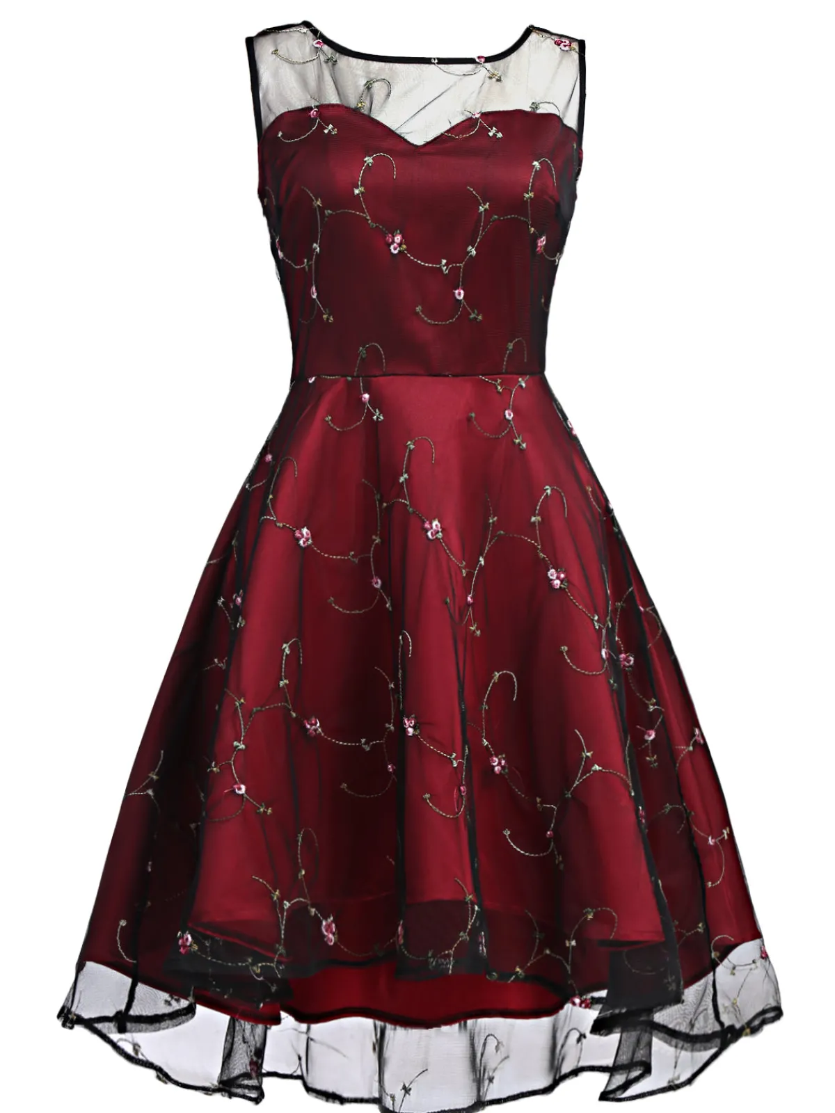 Hot Retro Stage 1950s Mesh Hi-Lo Back Lace Up Dress Wine Red