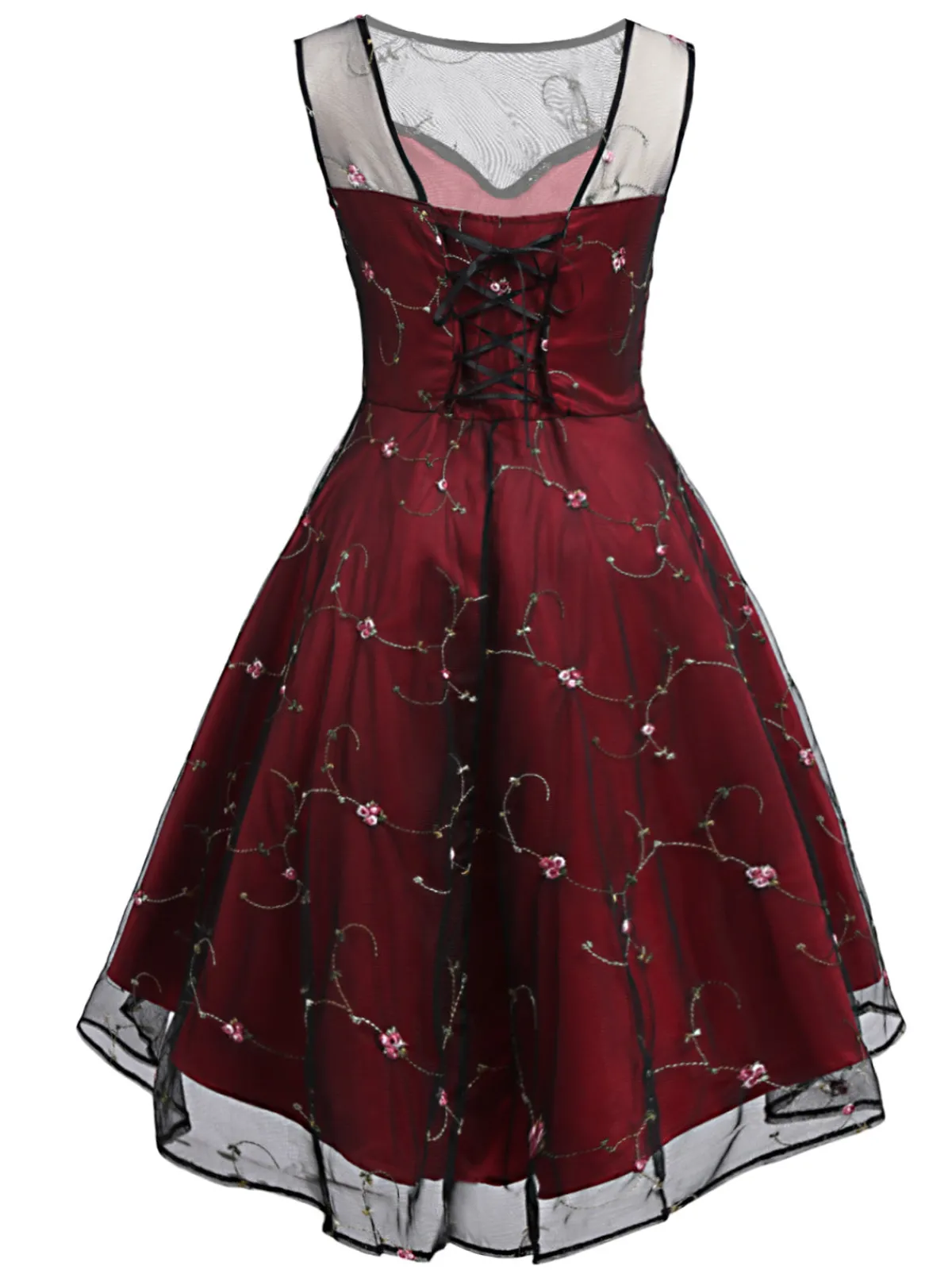 Hot Retro Stage 1950s Mesh Hi-Lo Back Lace Up Dress Wine Red