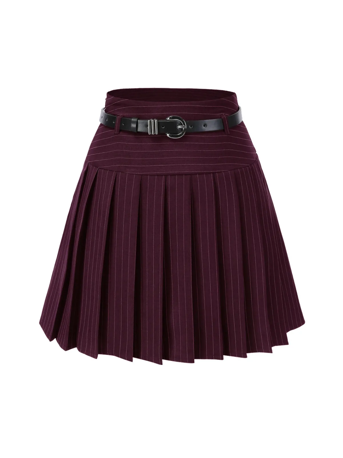 Best Retro Stage Wine Red 1960s Pinstripes Belted Pleated Skirt