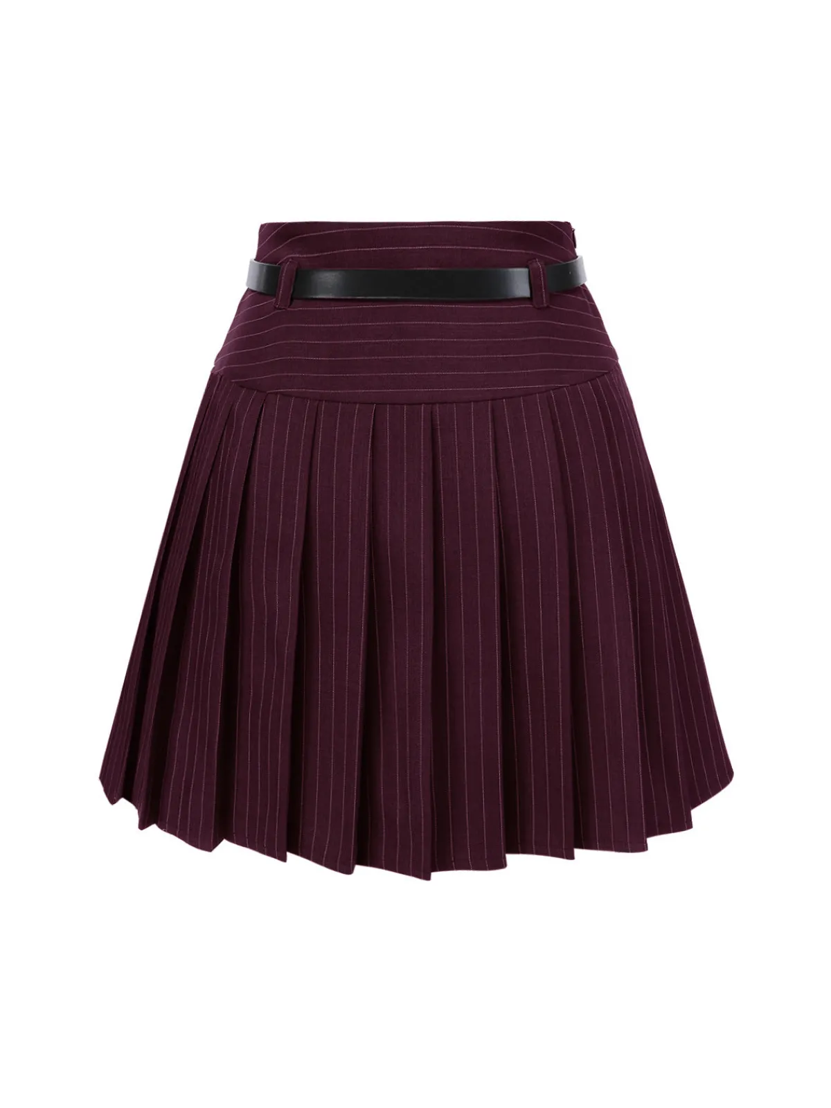 Best Retro Stage Wine Red 1960s Pinstripes Belted Pleated Skirt