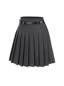 Best Retro Stage Wine Red 1960s Pinstripes Belted Pleated Skirt