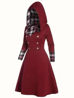 Sale Retro Stage 1950s Plaid Patchwork Hooded Dress Wine Red