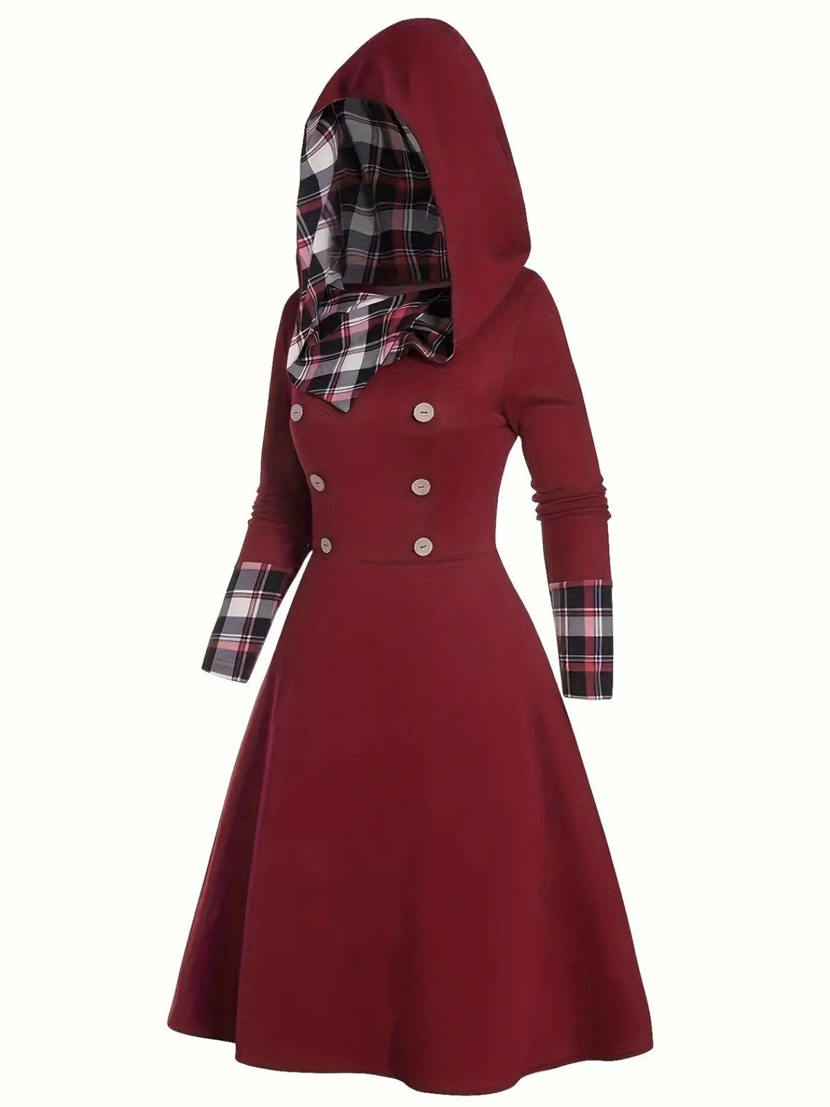 Sale Retro Stage 1950s Plaid Patchwork Hooded Dress Wine Red