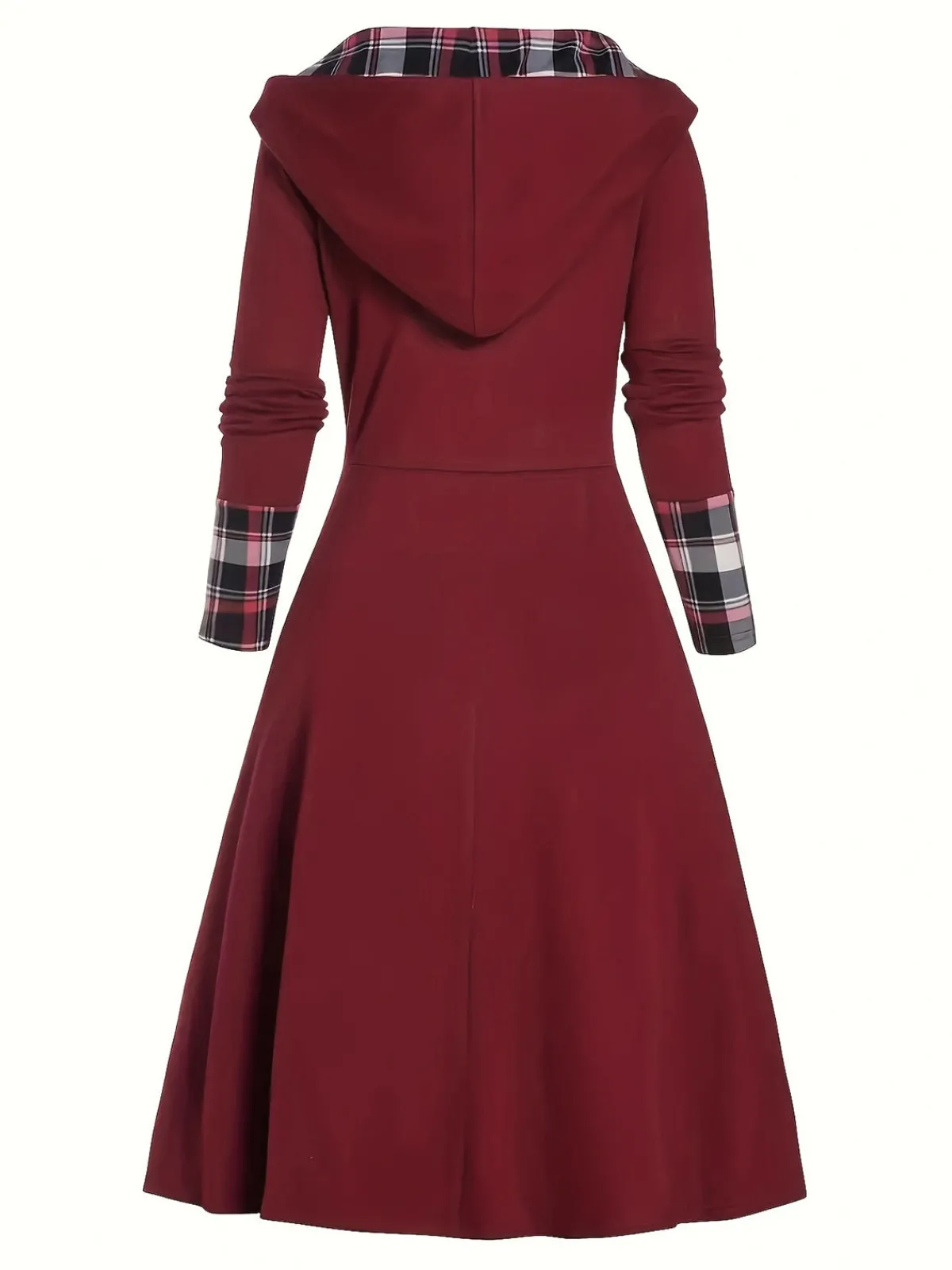 Sale Retro Stage 1950s Plaid Patchwork Hooded Dress Wine Red