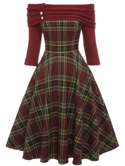 Clearance Retro Stage 1950s Plaids Off-Shoulder Dress Wine Red